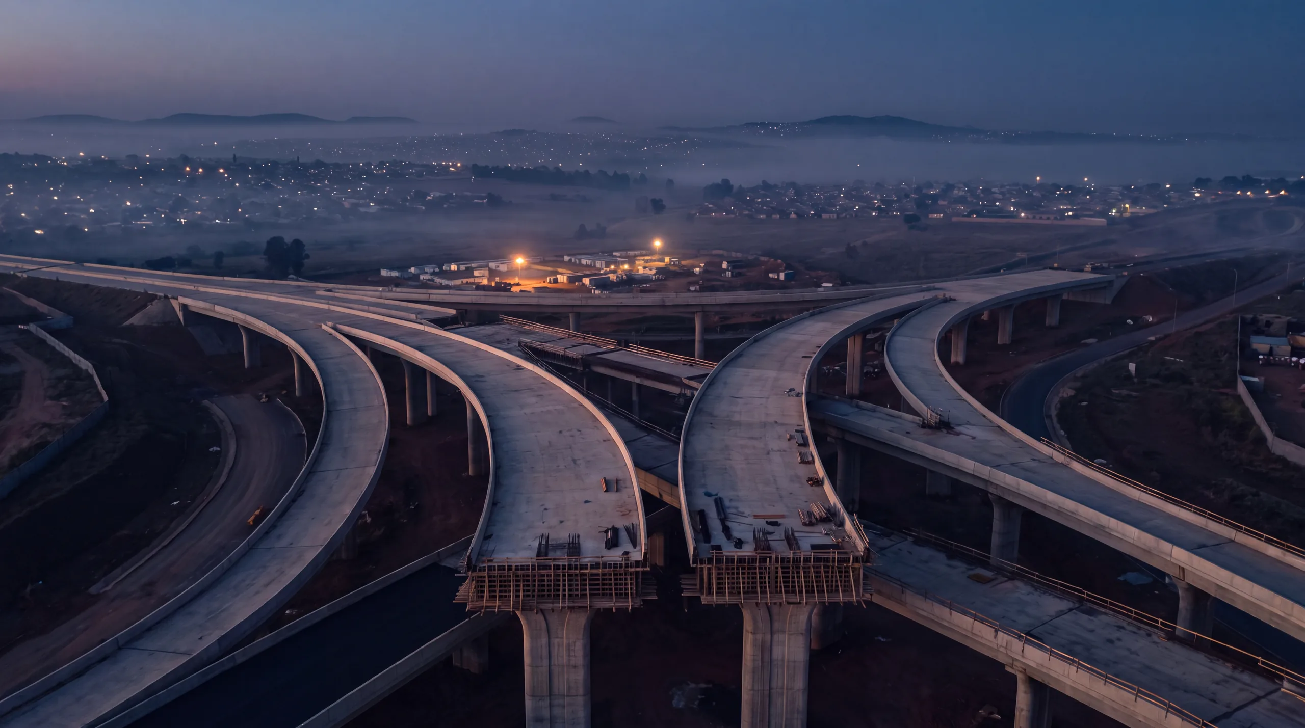 Unfinished highway interchange at dusk — potential without structure