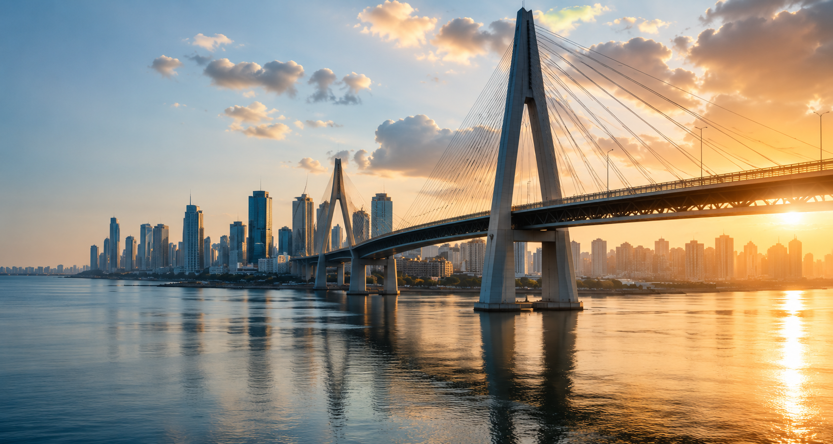 Cable-stayed bridge spanning a river at sunset with a city skyline beyond